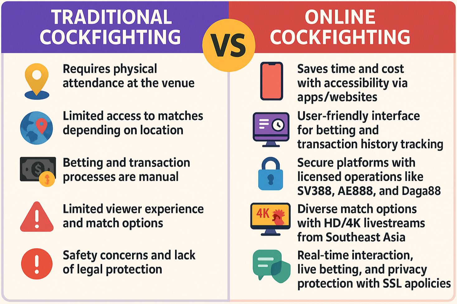 Infographic so sánh đá gà truyền thống vs đá gà trực tuyến